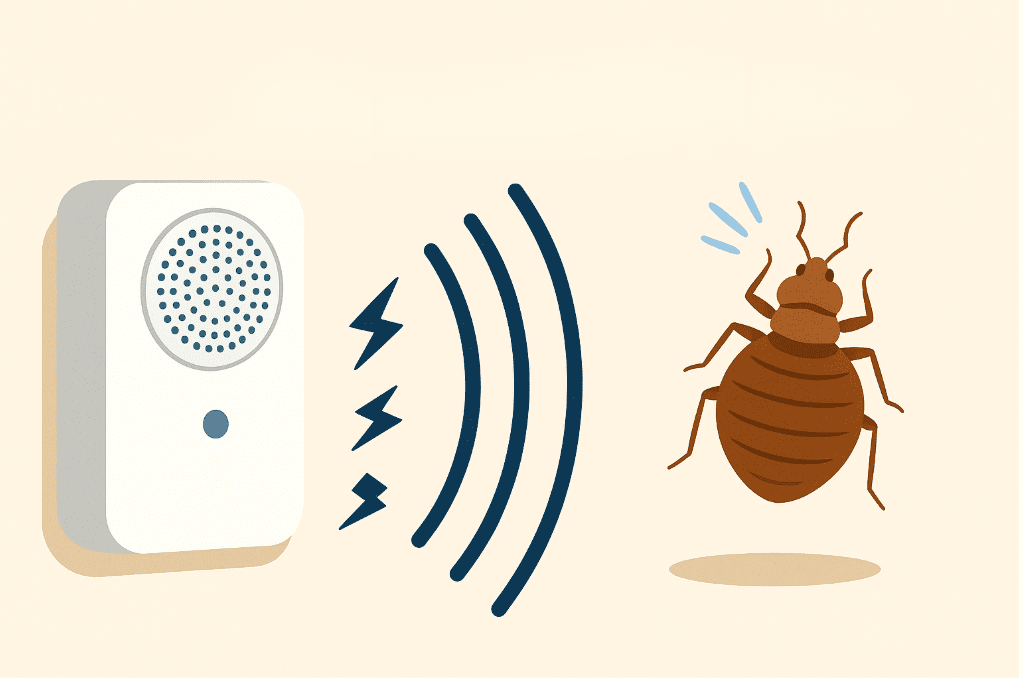 Illustration d’un appareil à ultrasons émettant des ondes vers une punaise de lit