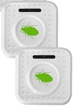 Appareils à ultrasons anti-insectes avec logo de punaise vert sur boîtier blanc